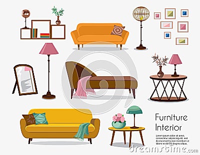 Interior. Sofa sets and home accessories. Furniture design Vector Illustration