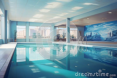 An interior space with a pristine indoor pool, accented by artistic lighting and comfortable lounging areas. A sanctuary Stock Photo