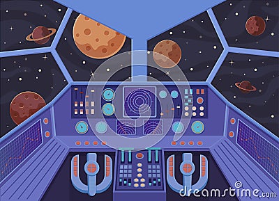 Interior spacecraft. Futuristic look from cockpit of star destroyer open space planets. Vector Illustration