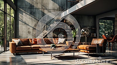 Interior of spacy loft style living room in luxury cottage. Dark grunge walls, leather cushioned furniture, wooden Stock Photo