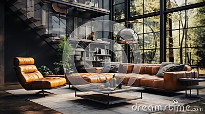 Interior of spacy loft style living room in luxury cottage. Dark grunge walls, leather cushioned furniture, wooden Stock Photo