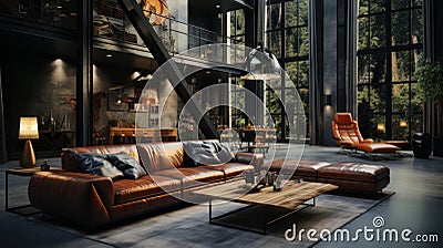 Interior of spacy loft style living room in luxury cottage. Dark grunge walls, leather cushioned furniture, wooden Stock Photo