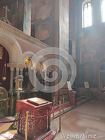 Interior of St.Cyril church in Kyiv, Ukraine. Altar design of ancient christian church. Religious architecture. Editorial Stock Photo