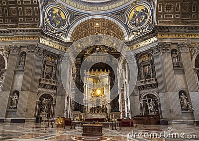 The interior of St. Peter`s Basilica in the Vatican. Baroque canopy over the altar, above the canopy rises a Department dedicated Editorial Stock Photo
