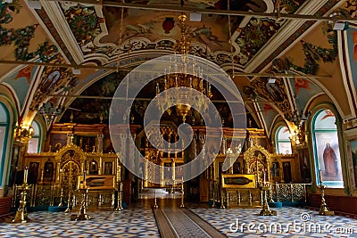 Interior of St. Sergius refectory church of Trinity Lavra of St. Sergius in Sergiev Posad, Russia Editorial Stock Photo