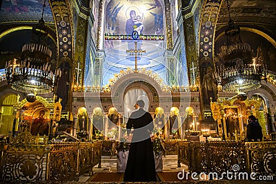 Interior of the St. Volodymyr\'s Cathedral with altar and fragments of frescoes wall paintings. Kyiv, Ukraine. April 2020 Editorial Stock Photo