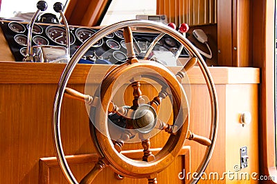 Interior steering wheel of large yacht boat Stock Photo