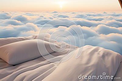 Sleeping bed with white bedding over the white clouds. Generative AI Stock Photo