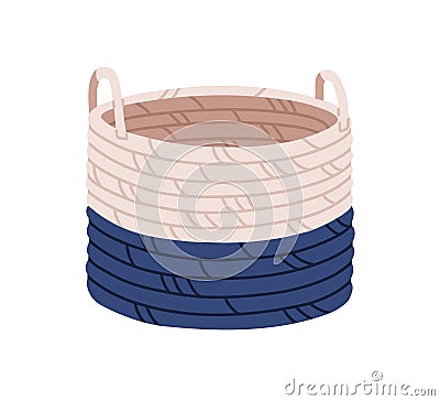 Interior storage basket from textile ropes. Modern trendy woven basketry, wicker bin with handles. Home fashion Vector Illustration