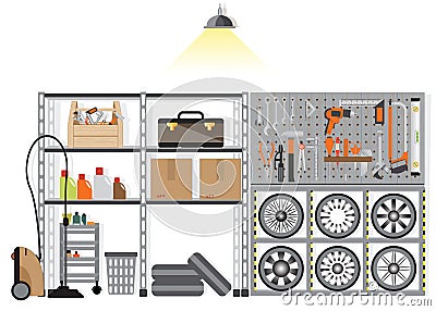 Interior storage room with metal shelf. Vector Illustration