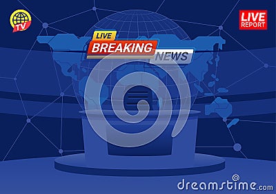 Interior studio for breaking news TV broadcasting with anchorman table on pedestal world map background Vector Illustration