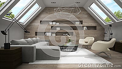 Interior of stylish mansard room 3D rendering Stock Photo