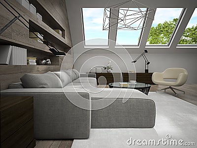 Interior of stylish mansard room 3D rendering 3 Stock Photo