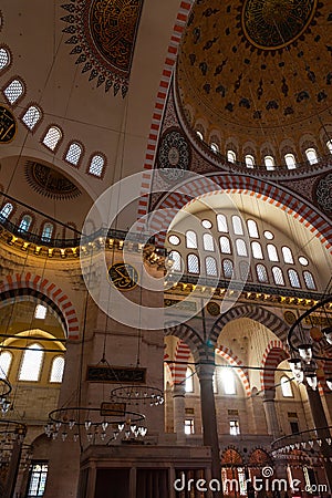 Interior of Suleymaniye Mosque in vertical view. Islamic architecture Editorial Stock Photo