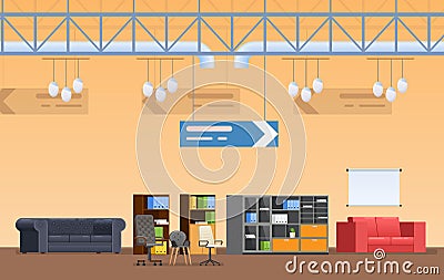 Interior of supermarket building, shop, shopping center, retail, sale furniture. Vector Illustration