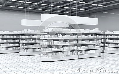 Interior of a supermarket with shelves with goods. 3d illustration Cartoon Illustration