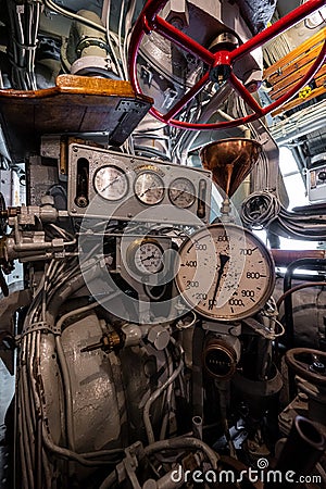 Interior of swedish submarine U3 on display at Teknikens och sjÃ¶fartens hus.. Editorial Stock Photo