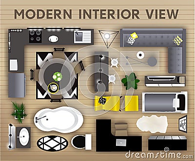 Interior top view icons set. Realistic interior furniture elements. Vector Illustration