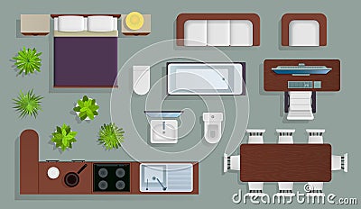 Interior top view. Office furniture design elements, bedroom and kitchen, bathroom plan, store and apartment view from Vector Illustration