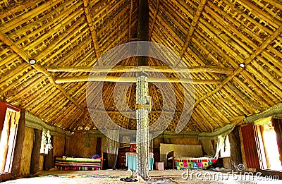 Interior of traditional house, Navala village, Viti Levu, Fiji Editorial Stock Photo