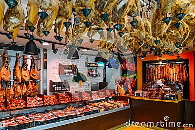 Interior of a traditional Spanish butchers - Salamanca, Castilla y Leon, Spain - Unesco World Heritage Site Editorial Stock Photo