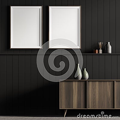 Interior with two posters and dark wooden socle Stock Photo