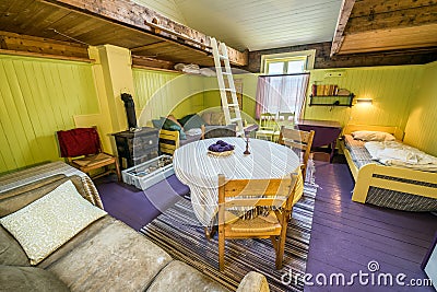 Interior of a typical norwegian rorbuer hut Editorial Stock Photo