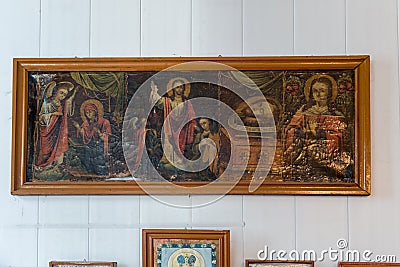 Interior of the Ukrainian Orthodox Church Moscow Patriarchate. Ukraine, Odessa region, Kodyma, 2012, altar, iconostasis. Ancient Editorial Stock Photo