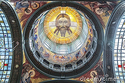 The interior of the upper temple of the Main Temple of the Armed Forces of the Russian Federation. Mosaic image of the Savior Not Editorial Stock Photo
