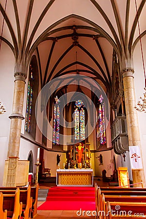 Interior of Vaduz Cathedral, or Cathedral of St. Florin is neo-Gothic church in Vaduz, Liechtenstein Editorial Stock Photo