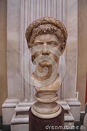 Interior of the Vatican Museums: Bust of Claudius Editorial Stock Photo