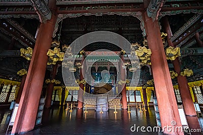 The interior view of the ancient king's hall at Changdeokgung Palace in Seoul, South Korea Stock Photo