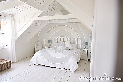 Interior View Of Beautiful Light And Airy White Bedroom Stock Photo