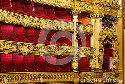 An interior view of the box seats at the Opera de Paris, Palais Garnier. Editorial Stock Photo