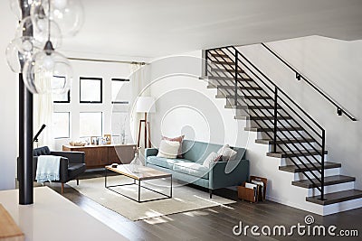 Interior View Of Contemporary Lounge With Staircase Stock Photo