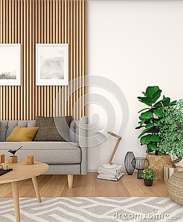 Interior view of a cozy living room with a sofa and cushions on a sunny day. Whether you work as a designer or are an art fan, Stock Photo