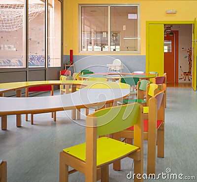 Kindergarten concept. Interior view of babys diner Stock Photo