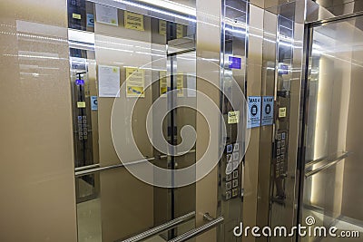 Interior view of elevator cabin of modern hotel. Rhodes. Editorial Stock Photo