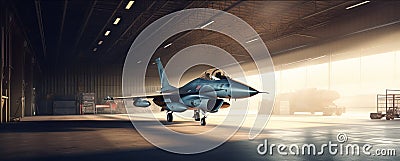 interior view of a generic military fighter jet parked inside a military barracks or hangar as wide banner with copyspace area for Stock Photo