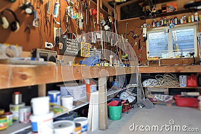 Interior View of Home Garage Workshop Stock Photo