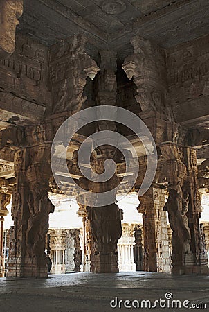 Interior view. Kalyana Mandapa, Vitthala Temple complex, Hampi, Karnataka. Stock Photo