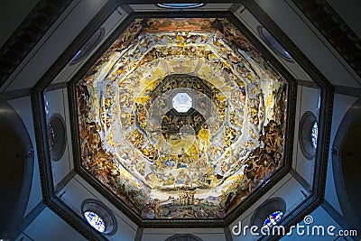 Interior view of Last Judgment Fresco Cycle in dome of Cathedral of Santa Maria del Fiore, The Duomo, Florence, Italy, Europe Editorial Stock Photo