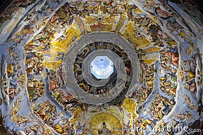 Interior view of Last Judgment Fresco Cycle in dome of Cathedral of Santa Maria del Fiore, The Duomo, Florence, Italy, Europe Editorial Stock Photo