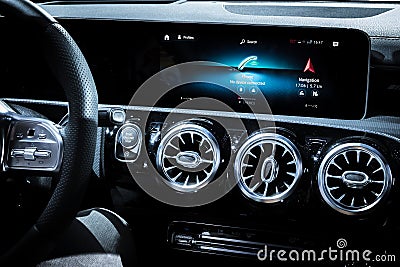 Interior view of the Mercedes-AMG A 35 car at the Paris Motor Show. France - October 2, 2018 Editorial Stock Photo