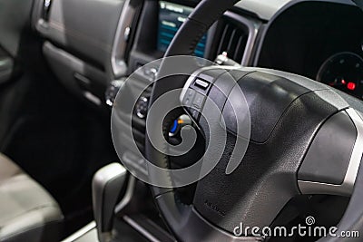 Interior view of modern car, Closeup of car steering wheel Stock Photo