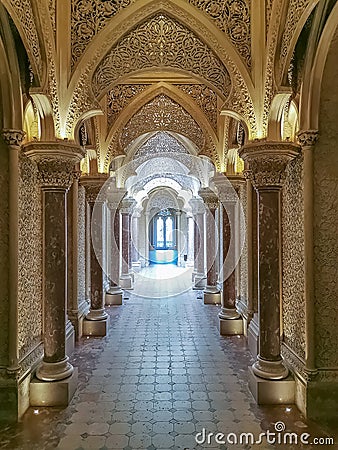Interior view at the Monserrate Palace ornamented corridor, moorish arches and ceiling, on Sintra, traditional summer resort of Editorial Stock Photo