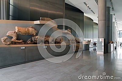 Interior view of the new Acropolis Museum in Athens city with view to the Acropolis of Athens Editorial Stock Photo