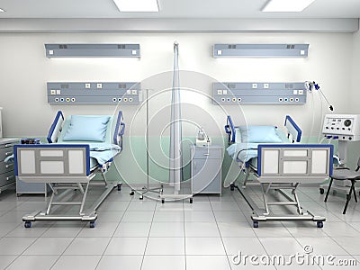 Interior view of the operating room in blue tone. 3d illustratio Cartoon Illustration