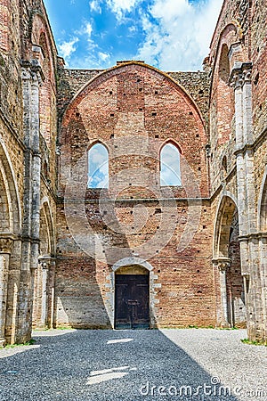 Interior view of the roofless Abbey of San Galgano, Italy Editorial Stock Photo