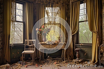 interior view of a room with a damaged window and curtains Stock Photo